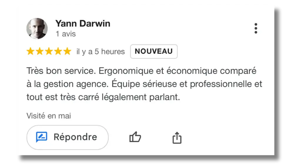 Avis Google 5 étoiles de Yann sur le logiciel de gestion locative Qalimo