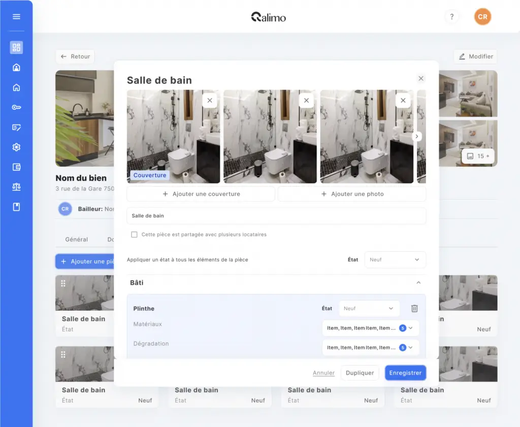 État des lieux en ligne dans Qalimo : pièce avec photos et éléments à contrôler