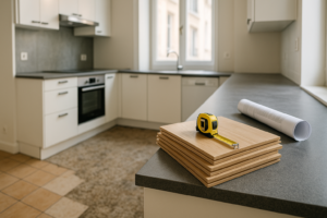 Changer le sol : Sol carrelé partiellement retiré à côté de lames de parquet neuves dans une cuisine