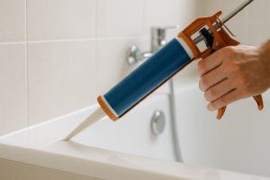 Changer les joints : Main appliquant un joint de silicone autour d'une baignoire avec un pistolet