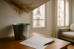 Dégât des eaux : Tache d'humidité au plafond et formulaire de déclaration posé sur une table