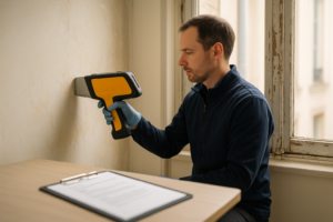 Diagnostic plomb : Technicien testant une peinture ancienne avec un appareil de détection du plomb