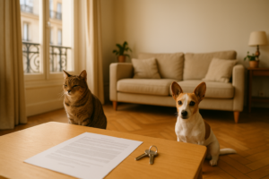 Plusieurs animaux : un chat et un chien assis près d'un bail de location posé sur une table