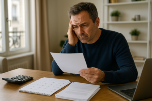 Prescription loyers impayés : Bailleur consultant des documents de loyers impayés à son bureau