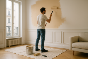 Repeindre les murs : Locataire peignant un mur d'appartement avec rouleau et pot de peinture