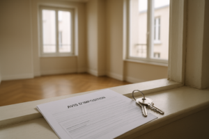 Taxe logements vacants : Appartement vide avec clés et avis fiscal posés sur une fenêtre