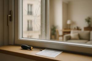 Vitre cassée locataire : Vitre fissurée avec un tournevis et une facture posés sur le rebord