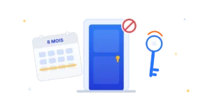 Porte d'un logement loué fermée, calendrier marqué 8 mois, clé confiée à un proche et pastille d'interdiction d'entrer
