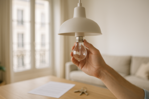Ampoules locataire : Main vissant une ampoule dans un plafonnier d'un salon loué, bail posé en arrière-plan