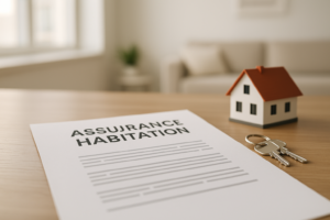Assurance PNO obligatoire : Document d'assurance habitation, clés et maquette de maison posés sur un bureau