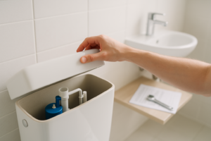 Chasse d'eau locataire : Main soulevant le couvercle d'un réservoir de chasse d'eau dans une salle de bain