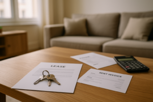 Colocataire sortant : Bail de colocation et clés posés sur une table avec une facture de loyer