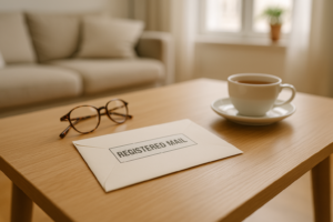 Locataire protégé : lettre de congé et lunettes de lecture posées sur une table de salon