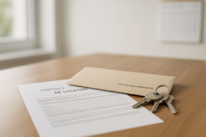 Congé locataire : Lettre recommandée et trousseau de clés posés sur un bail de location