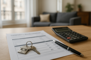 Coût gestion locative : Facture de gestion locative, calculatrice et trousseau de clés sur un bureau