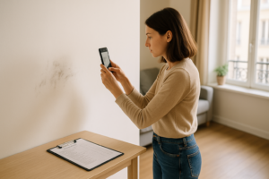 État des lieux : Smartphone photographiant un mur abîmé, document d'inspection posé sur une table