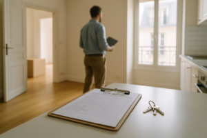 État des lieux : Clipboard de vérification et trousseau de clés posés sur une table d'appartement vide