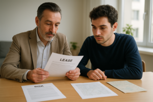État des risques : Bailleur et locataire consultant un document de risques sur une table lumineuse