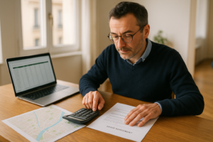 Fixer le loyer : Propriétaire calculant le loyer de son logement avec bail et carte de zones tendues