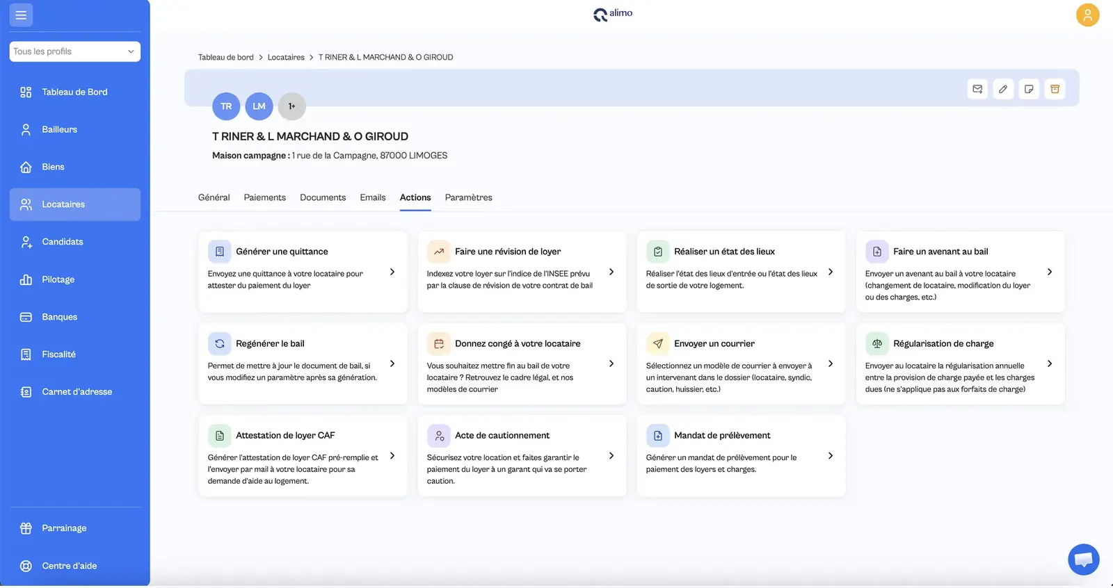 État des lieux de sortie : l’écran actions du bail de Qalimo