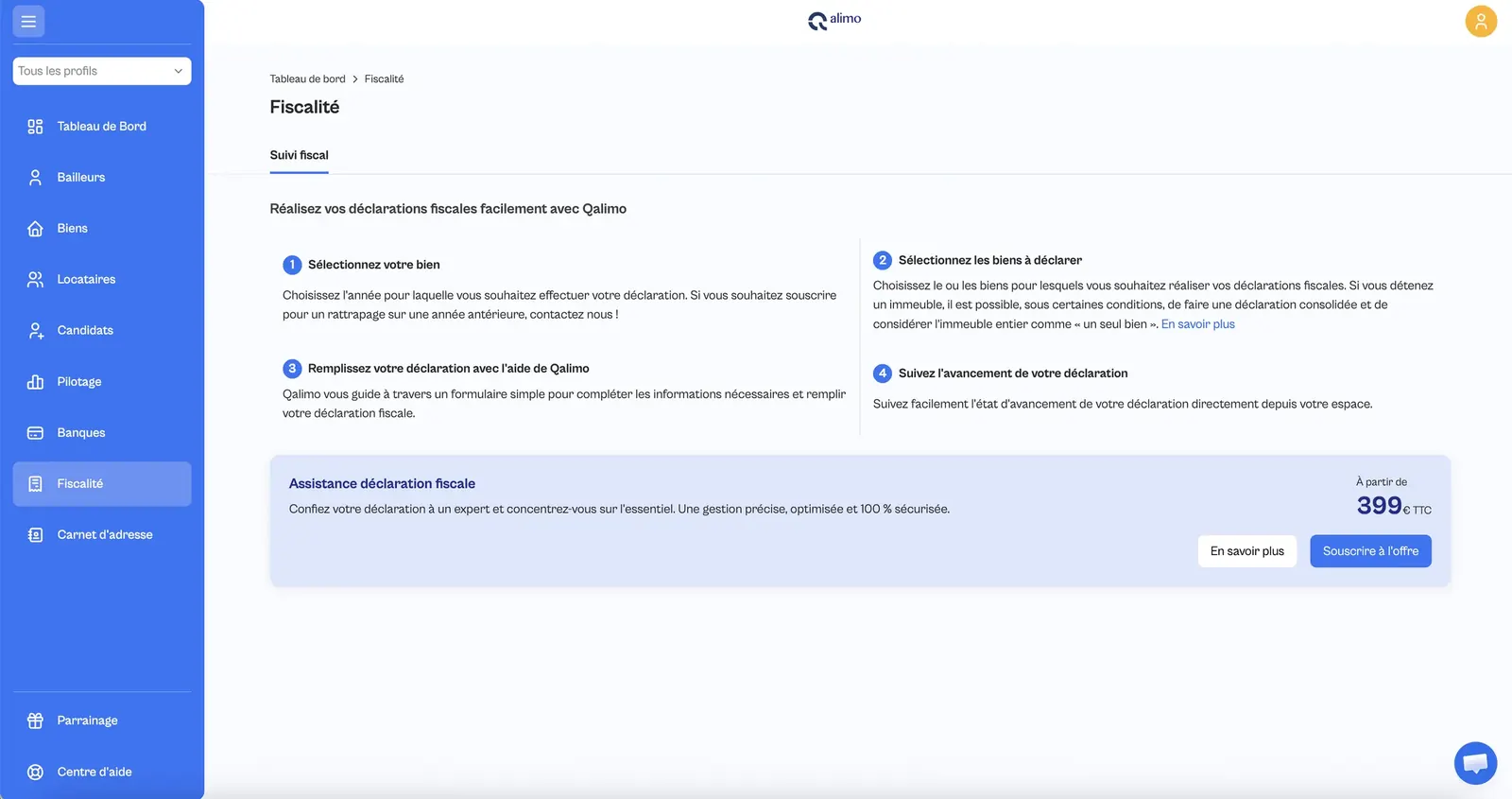 Espace fiscalité et aide à la déclaration dans Qalimo