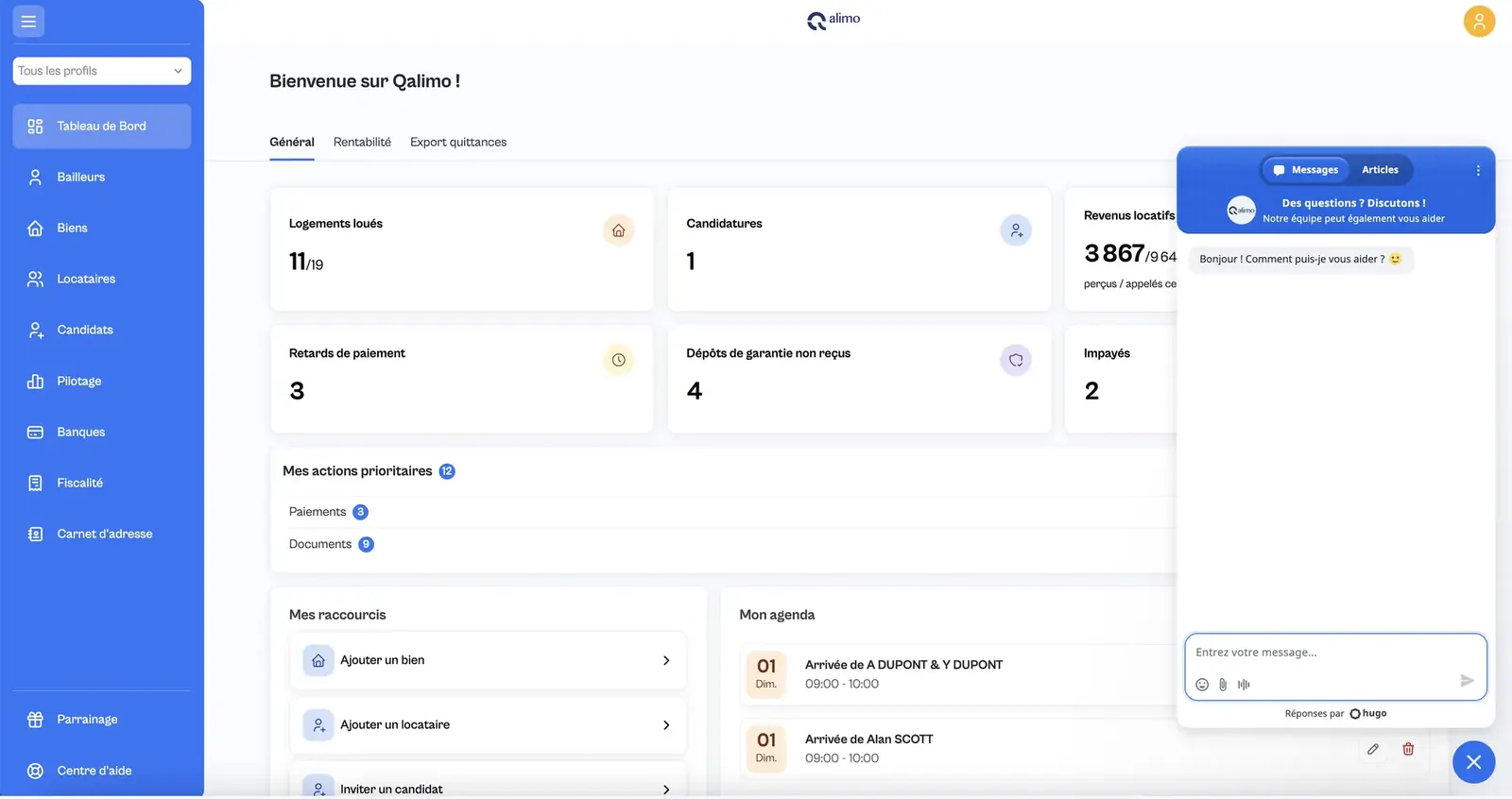 Chat du support Qalimo intégré au tableau de bord