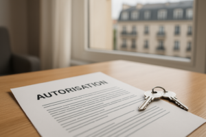 Permis de louer : Document administratif et clés posées sur un bureau face à un immeuble