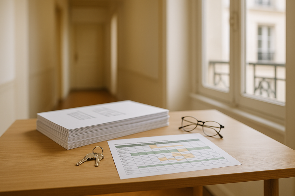 Plan pluriannuel de travaux : Documents de travaux de copropriété et trousseau de clés posés sur une table