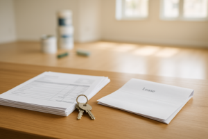 Travaux avant location : Factures de travaux et clés posées sur un bureau dans un appartement rénové