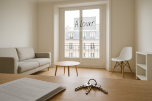 Vacance locative : Appartement vide avec pancarte à louer et trousseau de clés sur une table